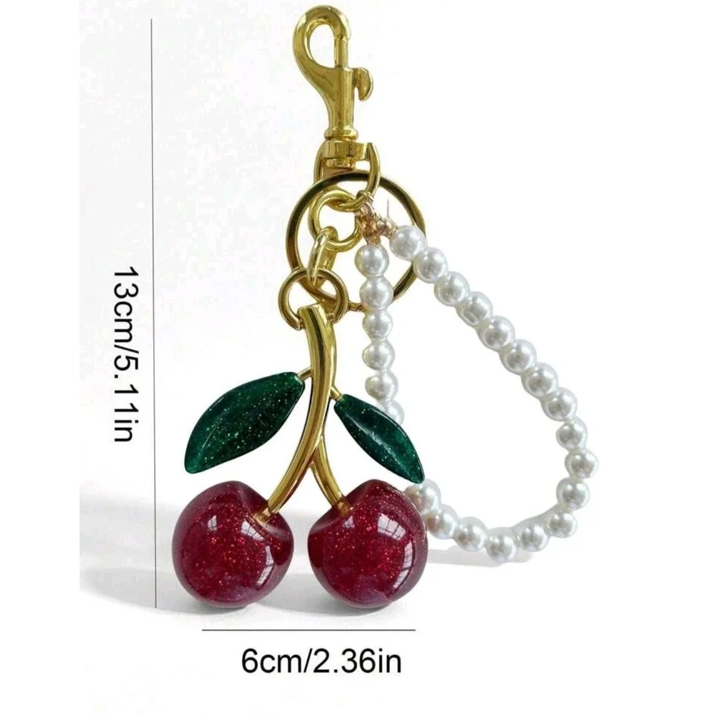 Glitter Red Cherry Bag Purse Charm With Pearl Beads String Keychain Bronze Resin